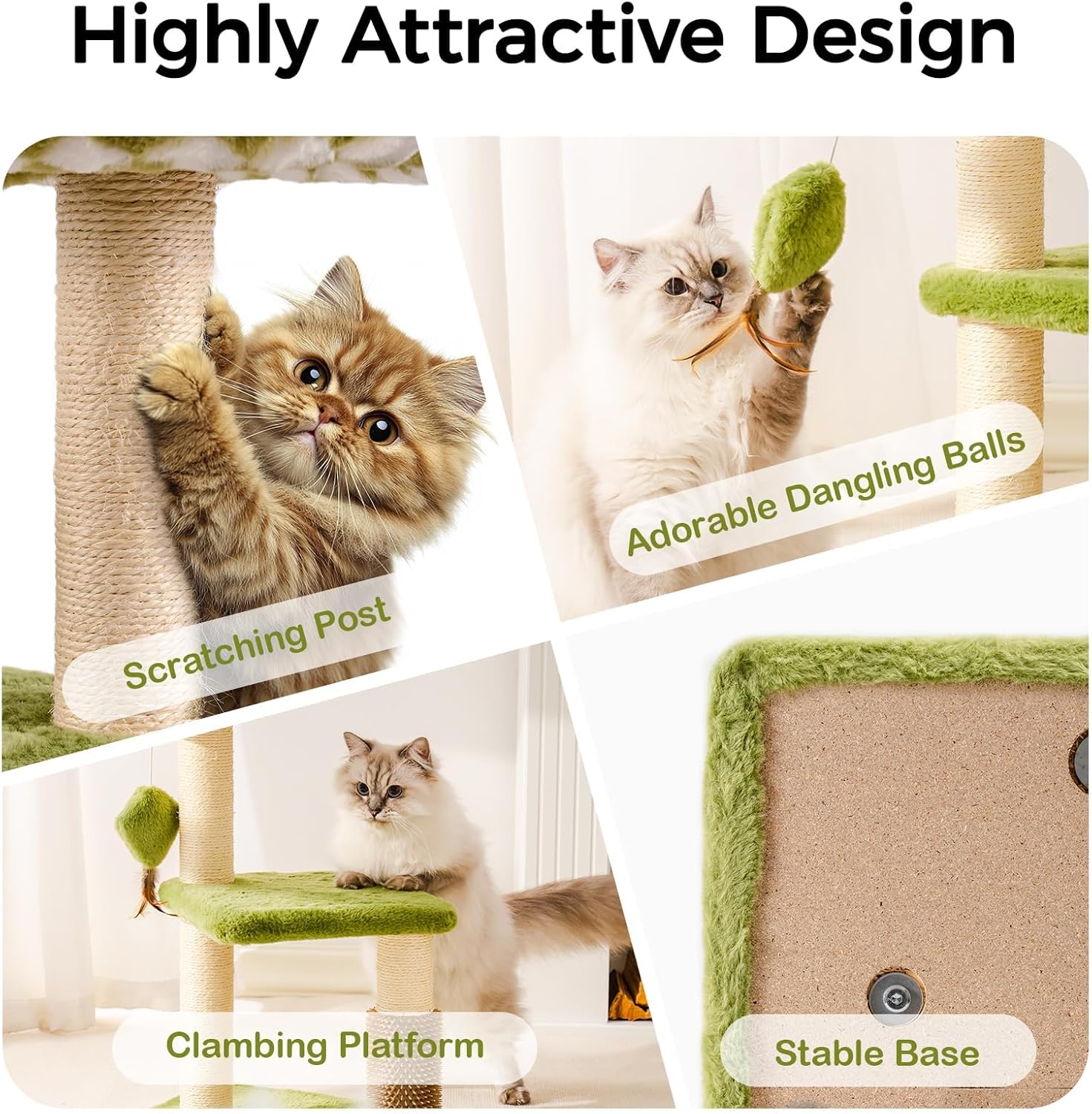 KFX-5247165 Multi-Level Cat Tree with Removable Perch, Self-Grooming Brush, and Interactive Toys for Indoor Cats - Green