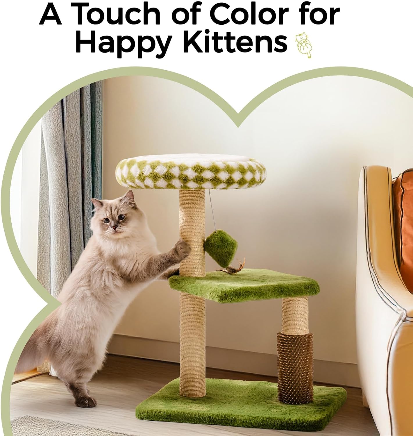KFX-5247165 Multi-Level Cat Tree with Removable Perch, Self-Grooming Brush, and Interactive Toys for Indoor Cats - Green