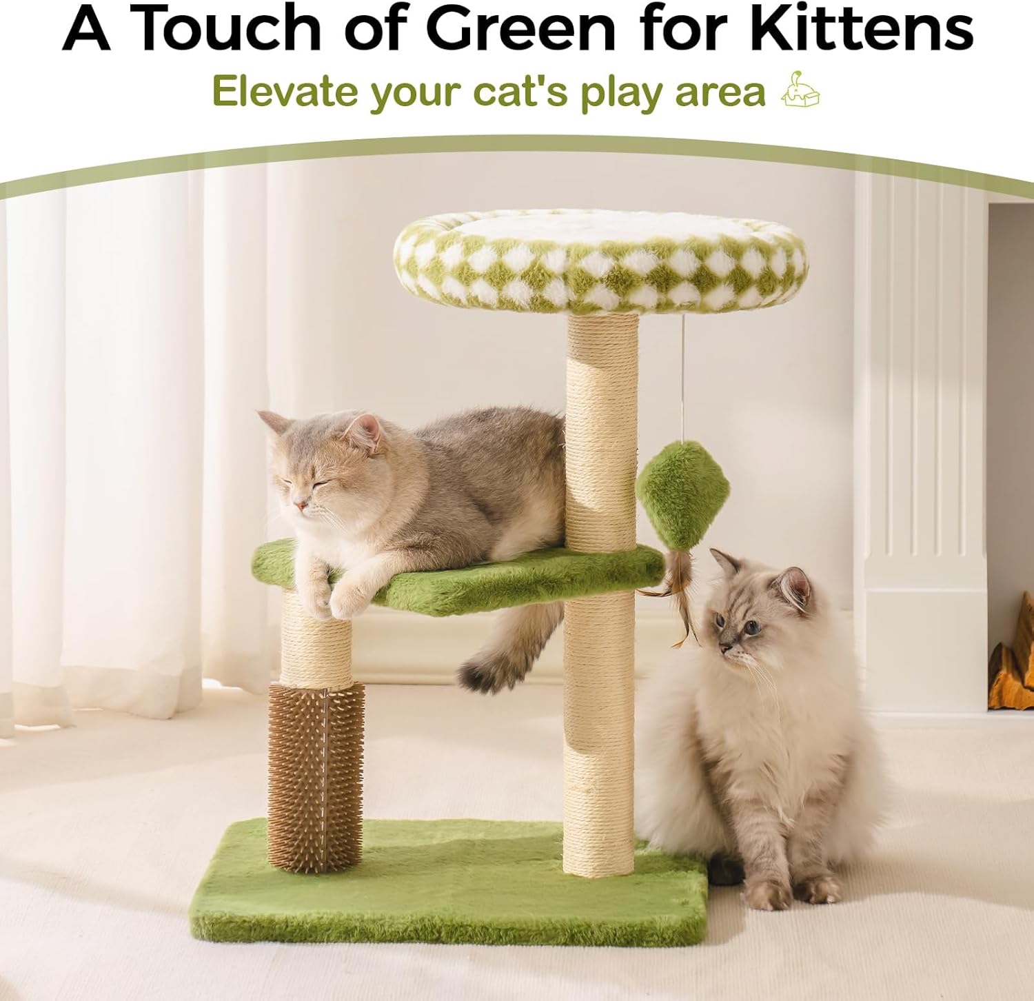 KFX-5247165 Multi-Level Cat Tree with Removable Perch, Self-Grooming Brush, and Interactive Toys for Indoor Cats - Green