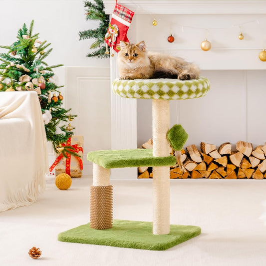 KFX-5247165 Multi-Level Cat Tree with Removable Perch, Self-Grooming Brush, and Interactive Toys for Indoor Cats - Green