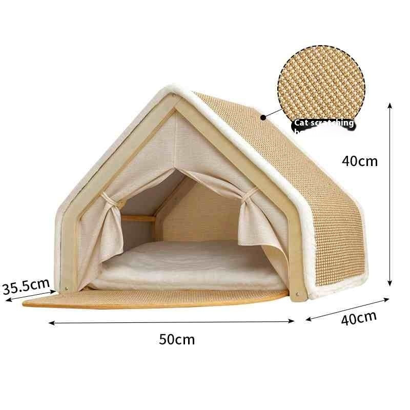 KFX-5247933 Durable Wood Cat Tent with Scratch Board - Plus-Sized Design for Comfort