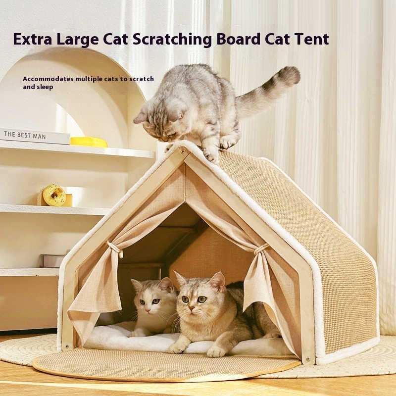 KFX-5247933 Durable Wood Cat Tent with Scratch Board - Plus-Sized Design for Comfort