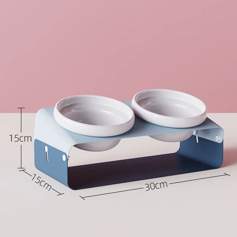 KFX-5259581 Ceramic Anti-Spill Double Bowl with Slanting Design and Iron Stand