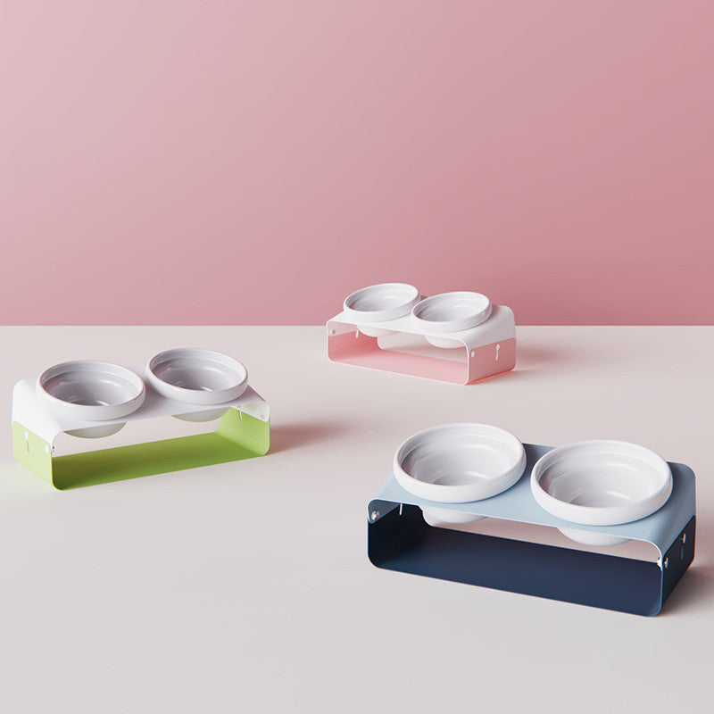 KFX-5259581 Ceramic Anti-Spill Double Bowl with Slanting Design and Iron Stand