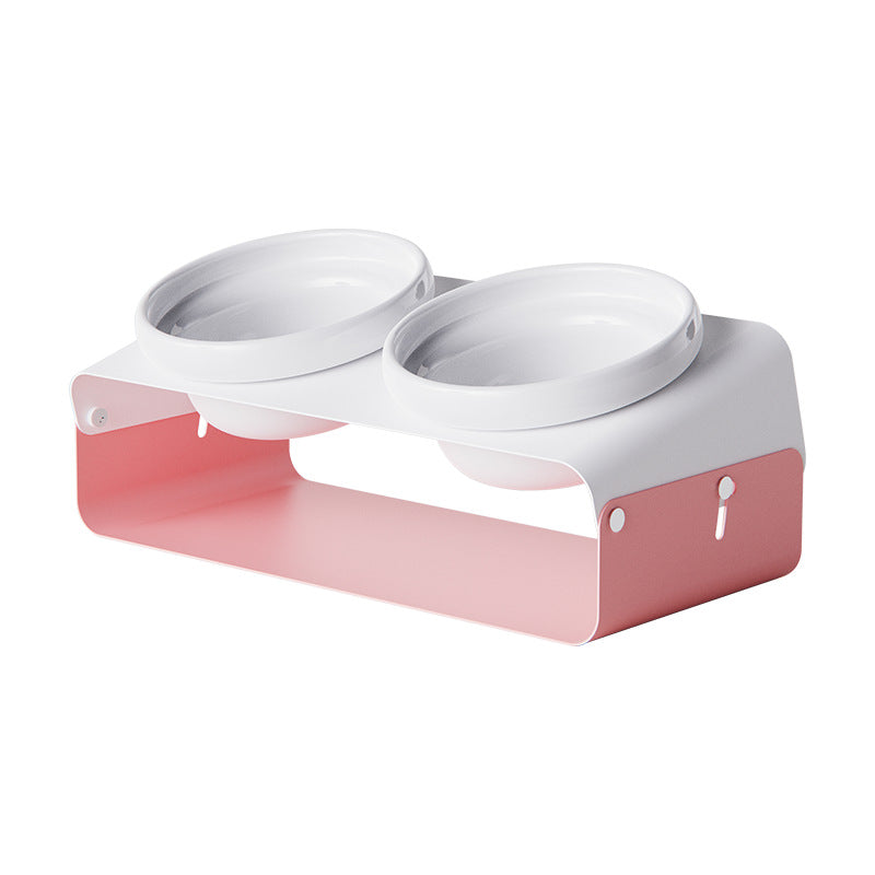 KFX-5259581 Ceramic Anti-Spill Double Bowl with Slanting Design and Iron Stand
