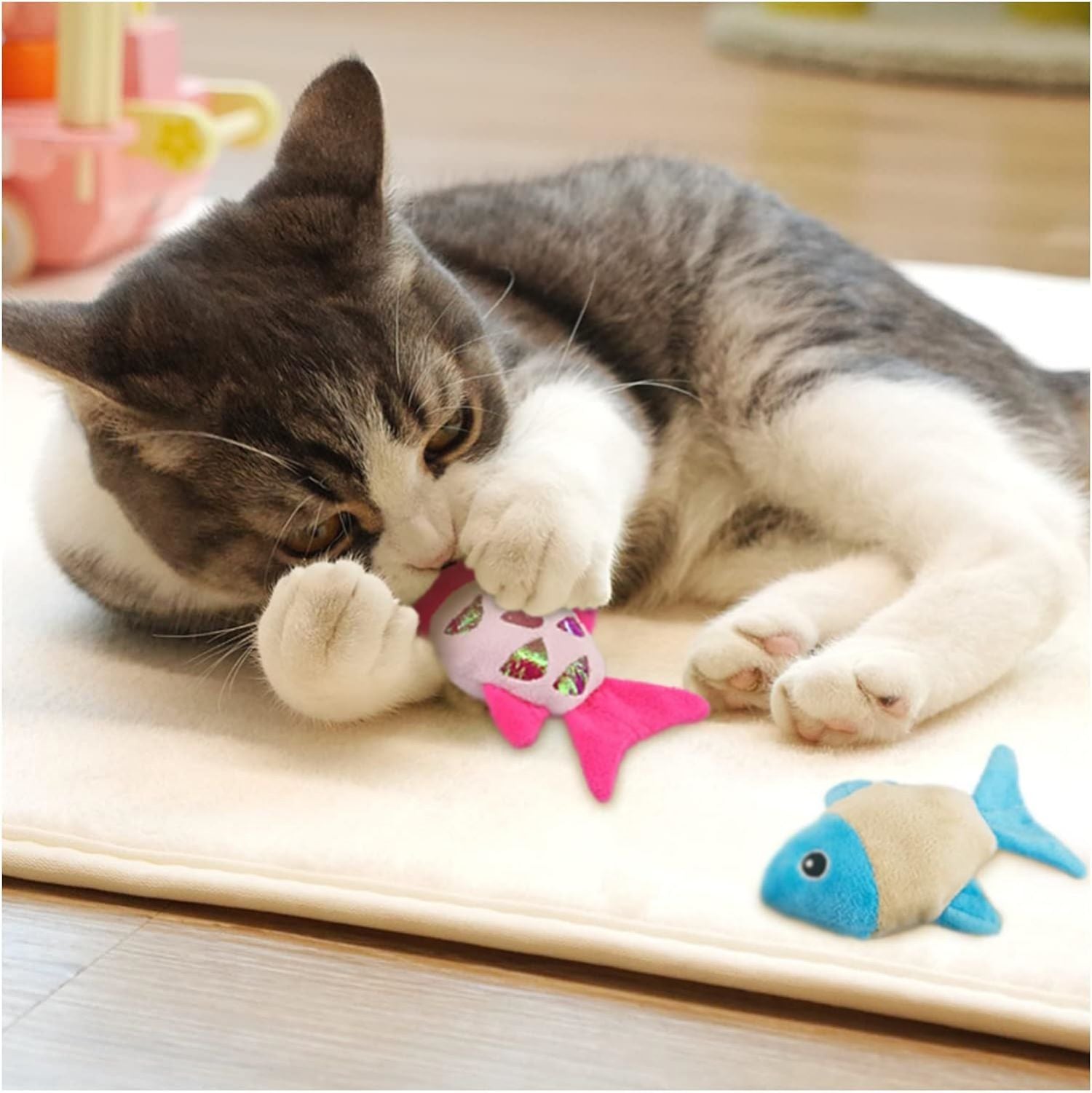 KFX-5262653 Interactive Cat Fish Toys with Crinkle Paper and Catnip - Soft Plush for Chewing and Dental Health