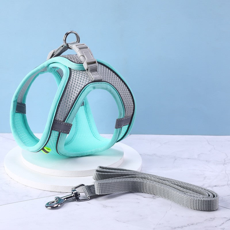 KFX-5264445 Reflective Outdoor Pet Harness with Traction Rope - Available in Lemon Yellow, Mint Green, and Cherry Blossom Powder
