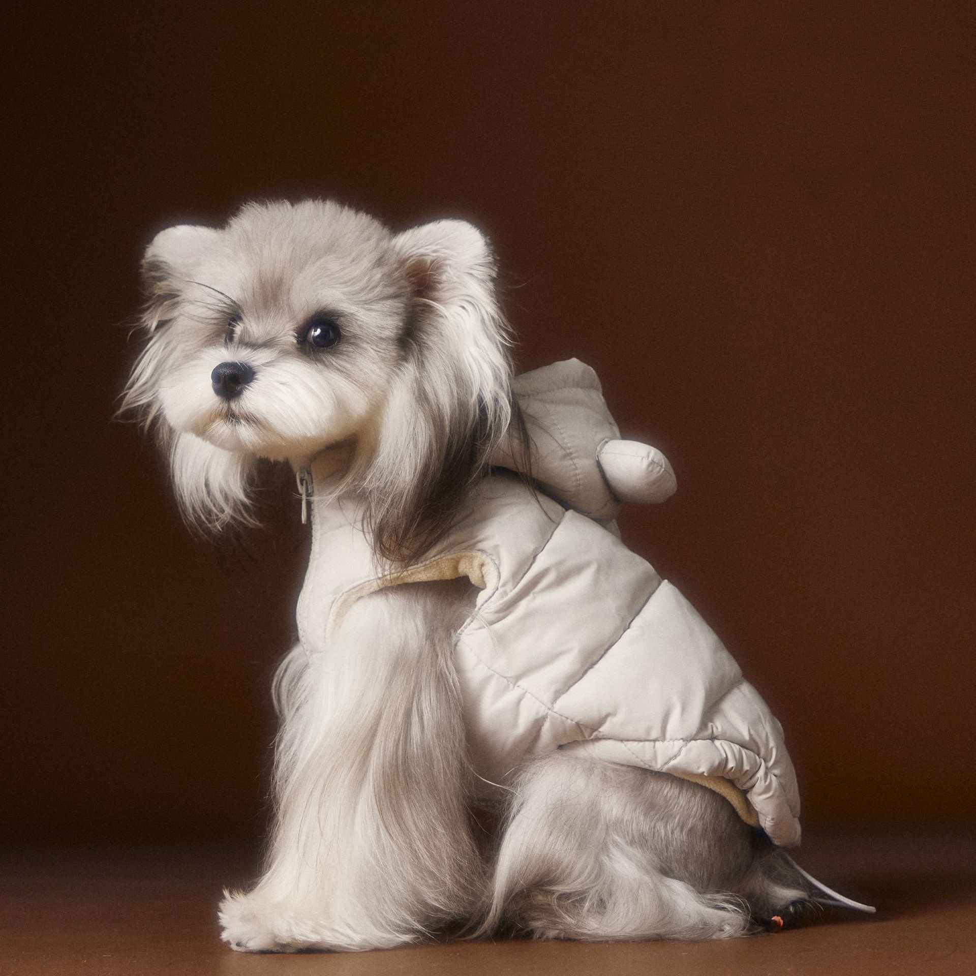 KFX-5269693 Beige and Gray Sleeveless Hooded Down Vest for Pets, Casual Polyester Apparel