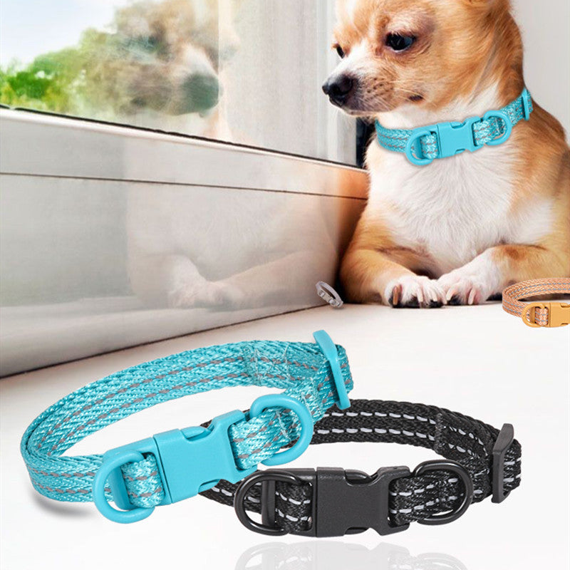 KFX-5272893 Reflective Nylon Dog Collar with Double D Ring Release in Blue, Black, Khaki, and Gray
