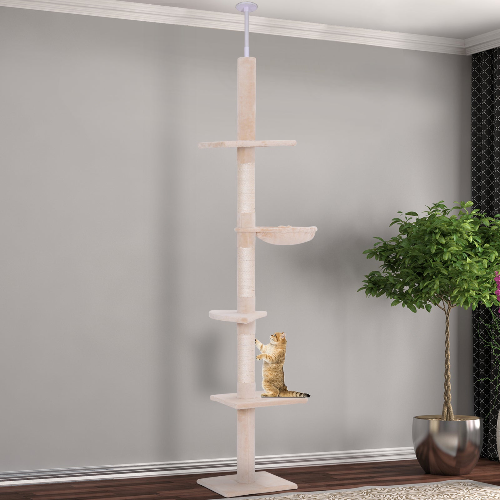 KFX-5274173 Adjustable Height 5-Tier Cat Climbing Tree for Ceiling to Floor with Scratching Posts and Durable Plush Cover