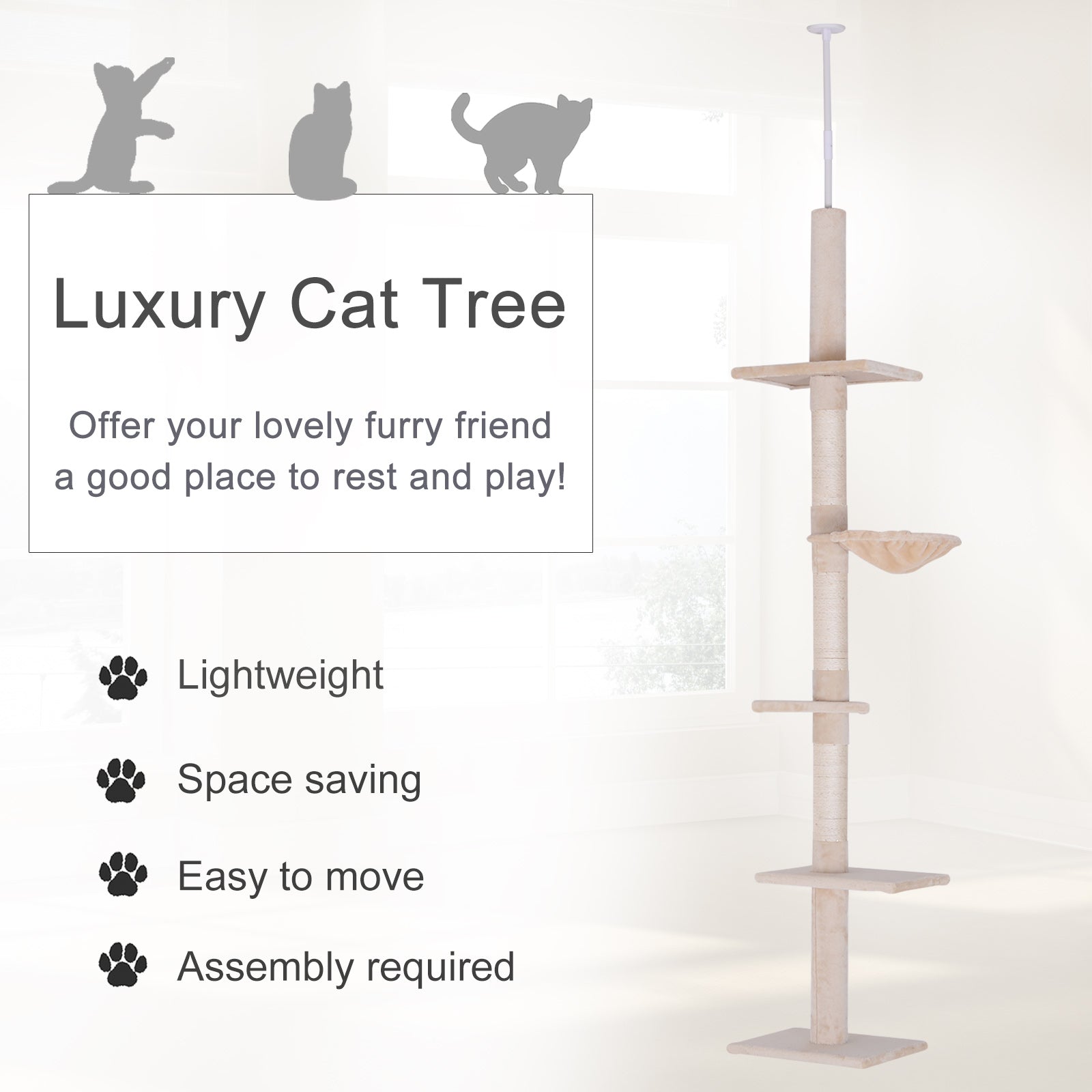KFX-5274173 Adjustable Height 5-Tier Cat Climbing Tree for Ceiling to Floor with Scratching Posts and Durable Plush Cover