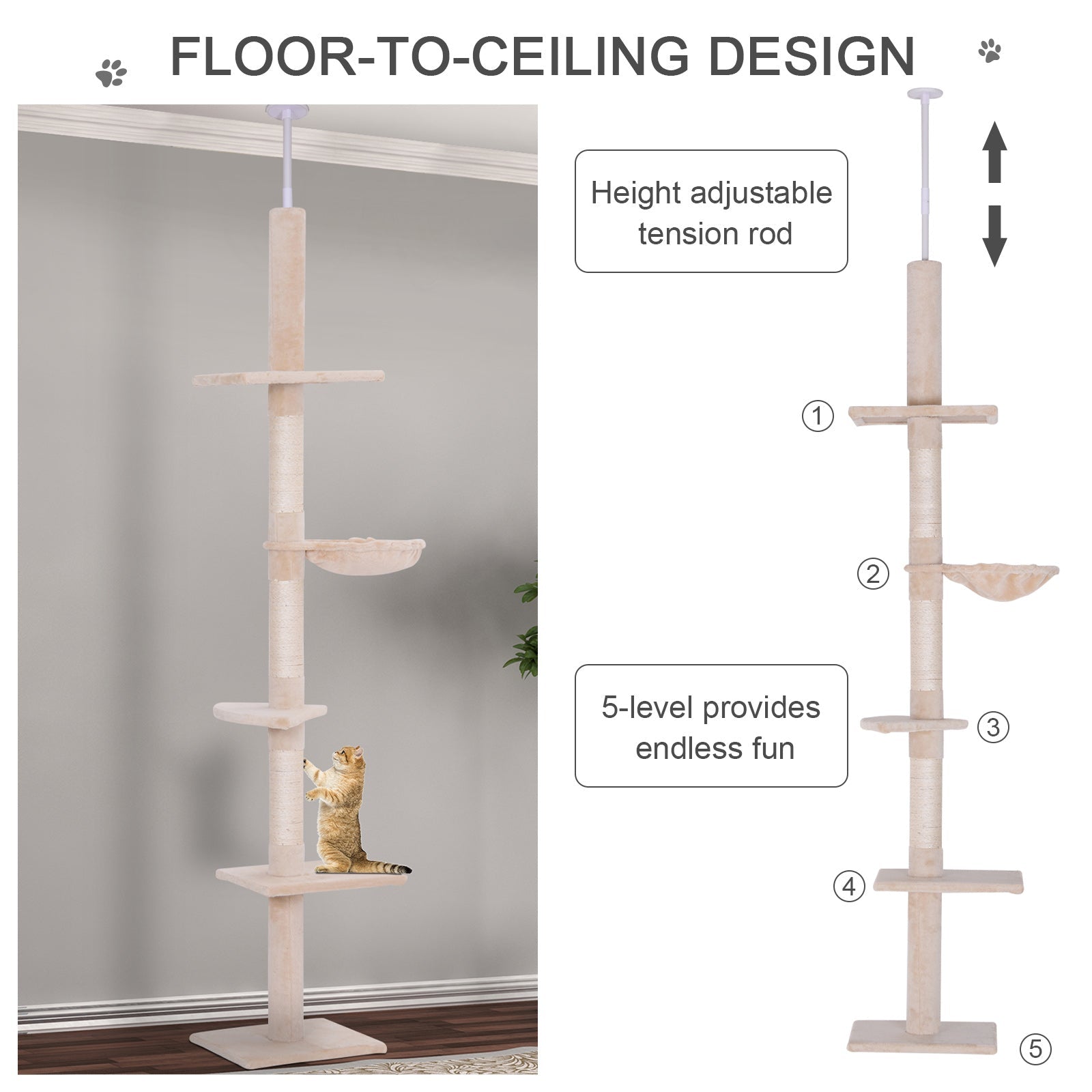KFX-5274173 Adjustable Height 5-Tier Cat Climbing Tree for Ceiling to Floor with Scratching Posts and Durable Plush Cover
