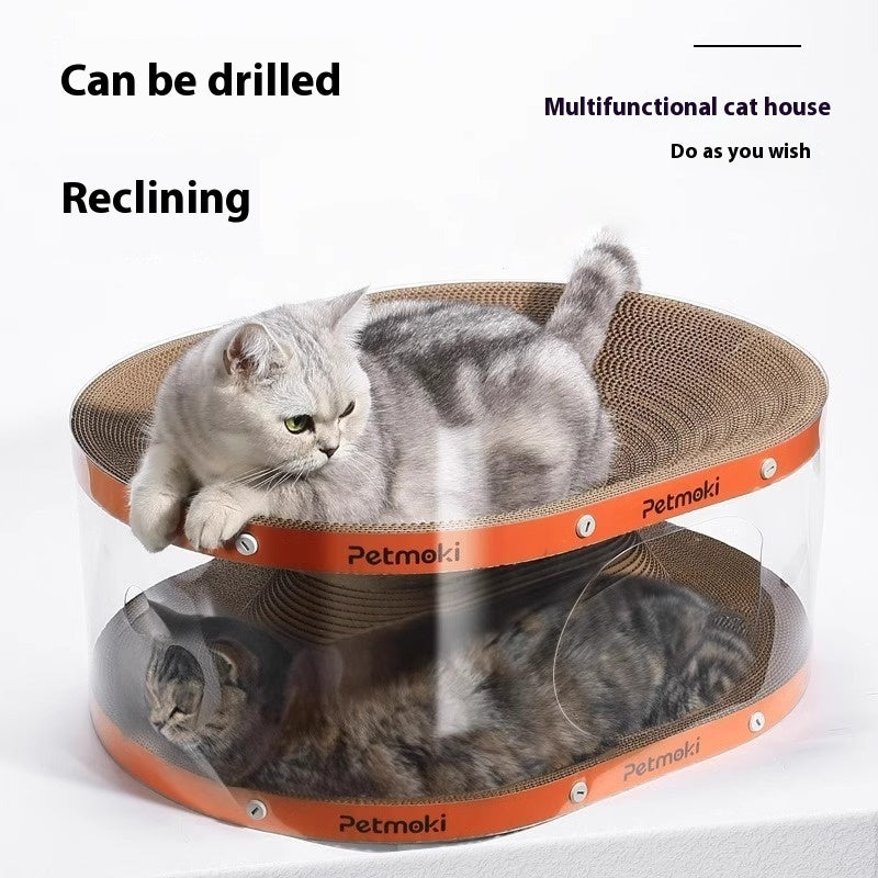 KFX-5280317 2-in-1 Cat Scratch Board and Nest Tunnel Toy in White Transparent, PVC & Corrugated Board, 58x45x23cm