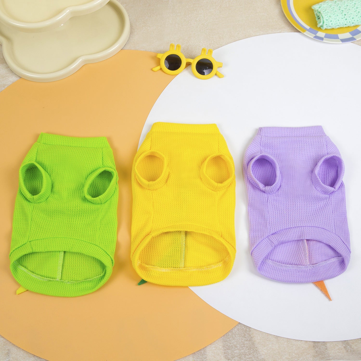 KFX-5281213 Cartoon-Style Polyester Dog Clothing in Purple, Yellow, Green - Sizes S to XXL