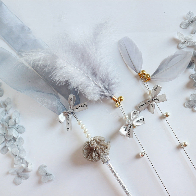 KFX-5281469 Doudou Cat Stick with Feather, Bell, and Ribbons - 3-Piece Set in Multiple Colors