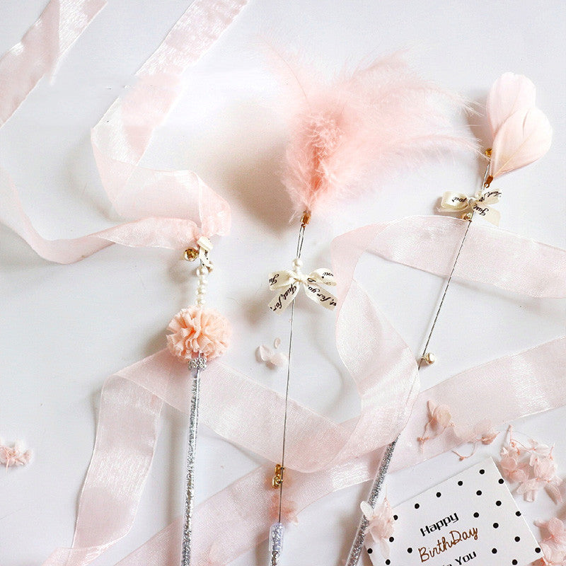 KFX-5281469 Doudou Cat Stick with Feather, Bell, and Ribbons - 3-Piece Set in Multiple Colors