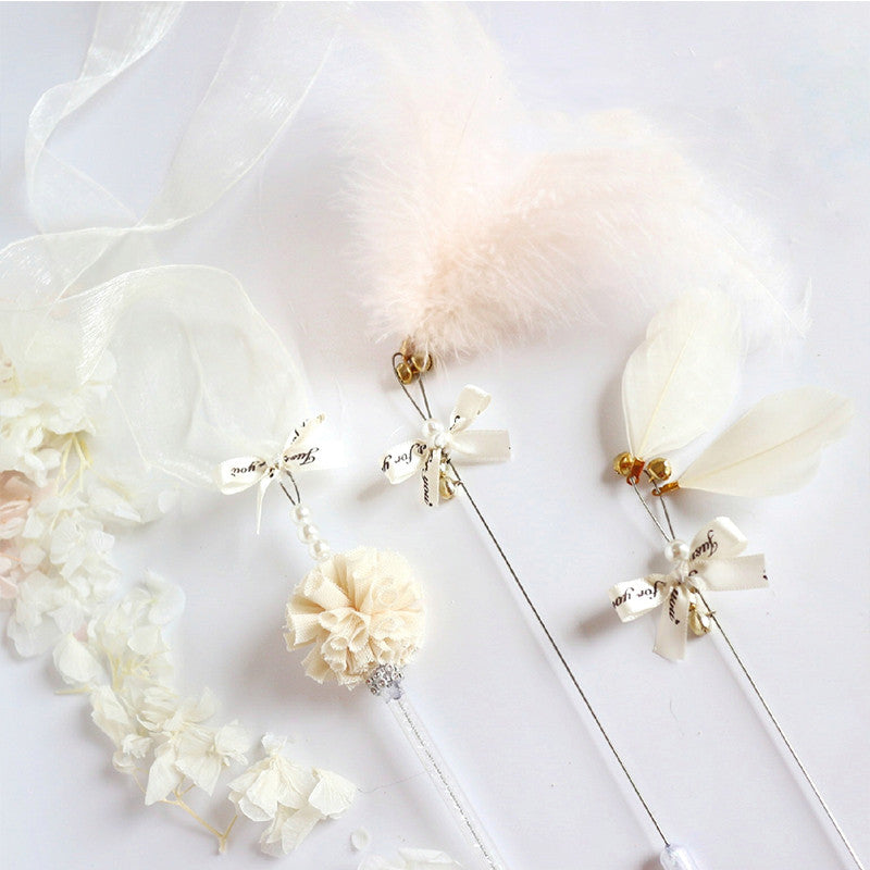 KFX-5281469 Doudou Cat Stick with Feather, Bell, and Ribbons - 3-Piece Set in Multiple Colors