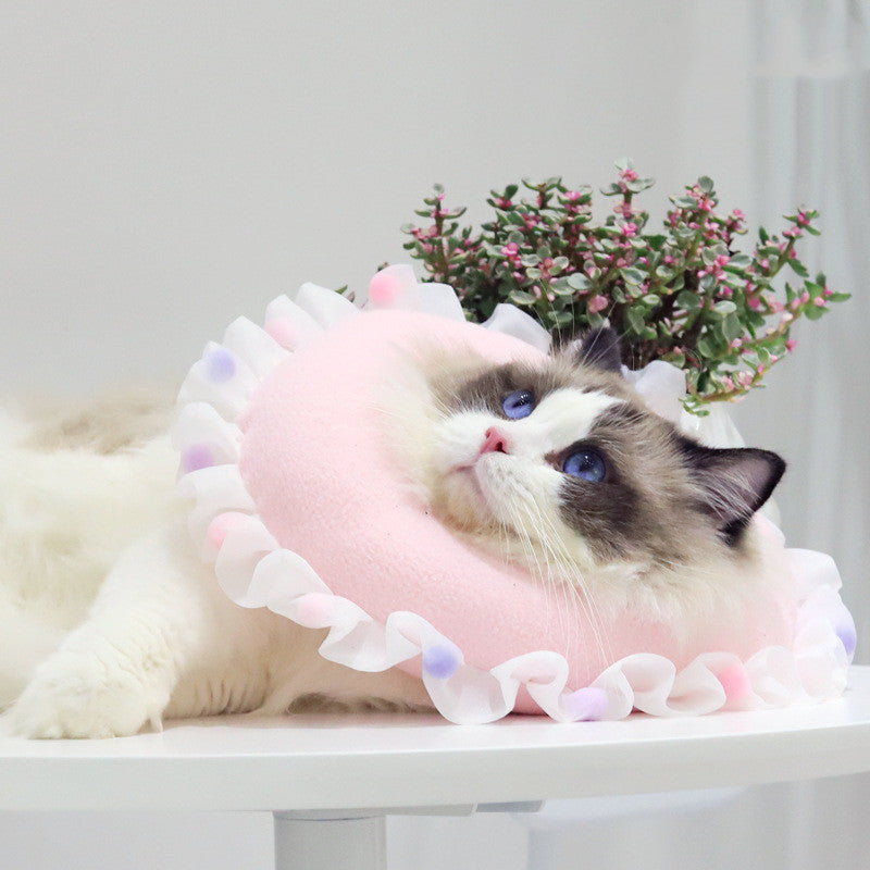 KFX-5284029 Cat Ruffled Anti-Licking Headgear in Floral Pattern - Polar Fleece & PP Cotton, Sizes S, M, L
