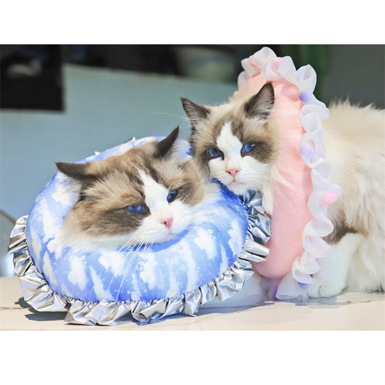 KFX-5284029 Cat Ruffled Anti-Licking Headgear in Floral Pattern - Polar Fleece & PP Cotton, Sizes S, M, L