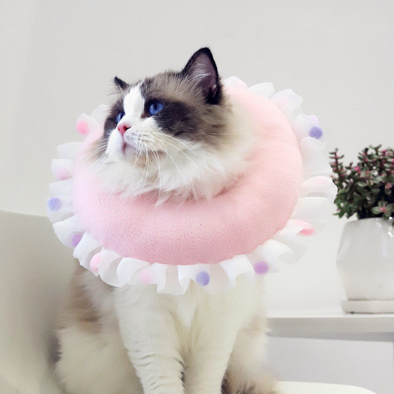 KFX-5284029 Cat Ruffled Anti-Licking Headgear in Floral Pattern - Polar Fleece & PP Cotton, Sizes S, M, L