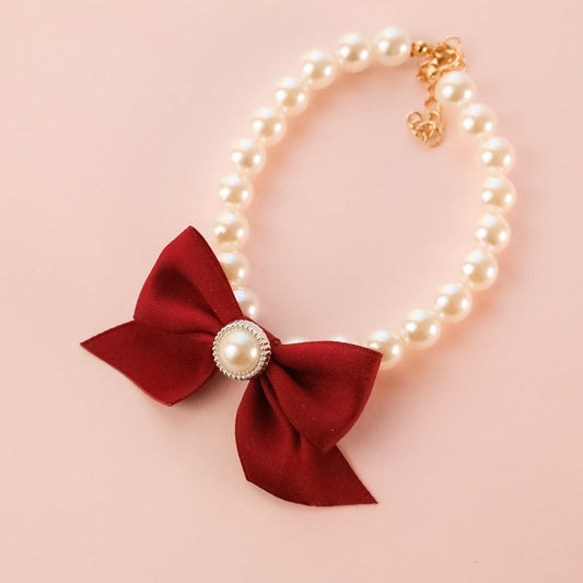 KFX-5299901 Vintage Pearl Bow Dog Collar - Princess Style in Multiple Colors and Sizes