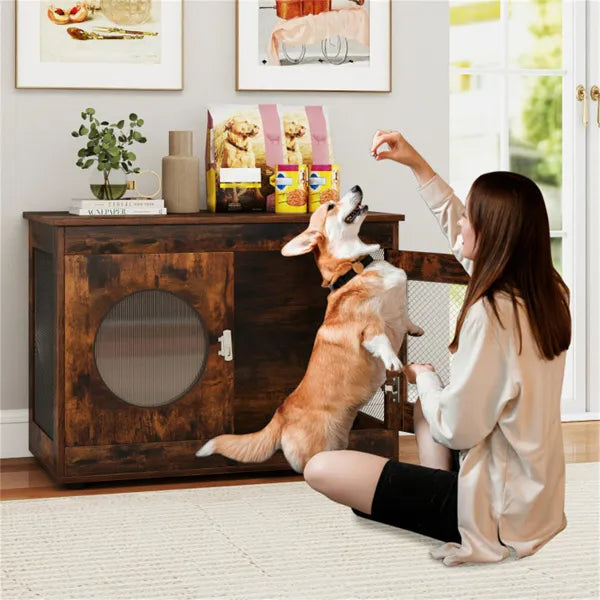 KFX-5301565 2-in-1 Rustic Brown Dog Crate End Table with 88lbs Capacity, Farmhouse Style, 32.5"x18.5"x23.5"