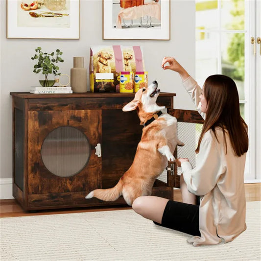 KFX-5301565 2-in-1 Rustic Brown Dog Crate End Table with 88lbs Capacity, Farmhouse Style, 32.5"x18.5"x23.5"