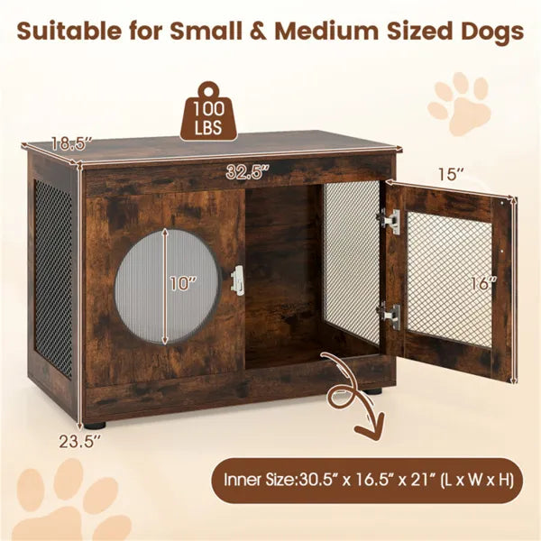 KFX-5301565 2-in-1 Rustic Brown Dog Crate End Table with 88lbs Capacity, Farmhouse Style, 32.5"x18.5"x23.5"