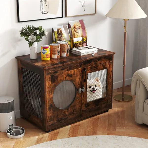KFX-5301565 2-in-1 Rustic Brown Dog Crate End Table with 88lbs Capacity, Farmhouse Style, 32.5"x18.5"x23.5"