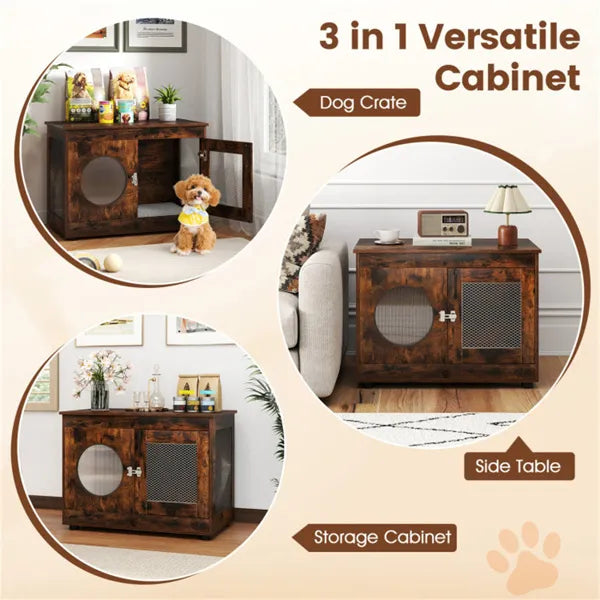 KFX-5301565 2-in-1 Rustic Brown Dog Crate End Table with 88lbs Capacity, Farmhouse Style, 32.5"x18.5"x23.5"