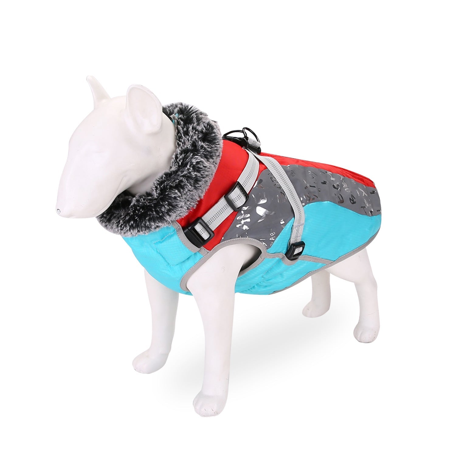 KFX-5302333 Windproof Cotton-Padded Dog Coat in Sky Blue and Red - Comfortable and Cozy Pet Clothing