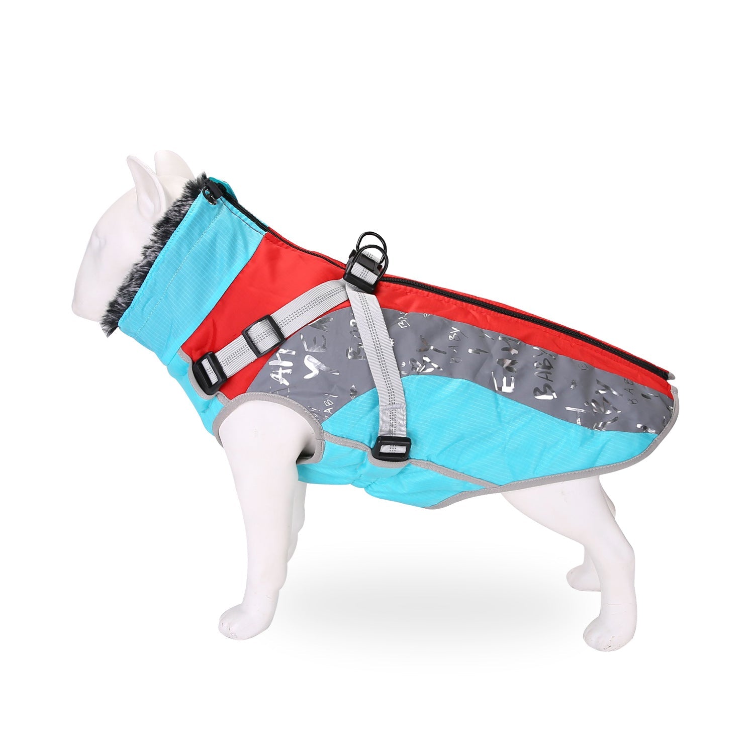 KFX-5302333 Windproof Cotton-Padded Dog Coat in Sky Blue and Red - Comfortable and Cozy Pet Clothing