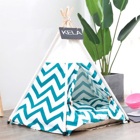 KFX-5307709 Stylish Canvas Pet Tent with Black and Green Stripes for Cats and Dogs, Available in Multiple Sizes