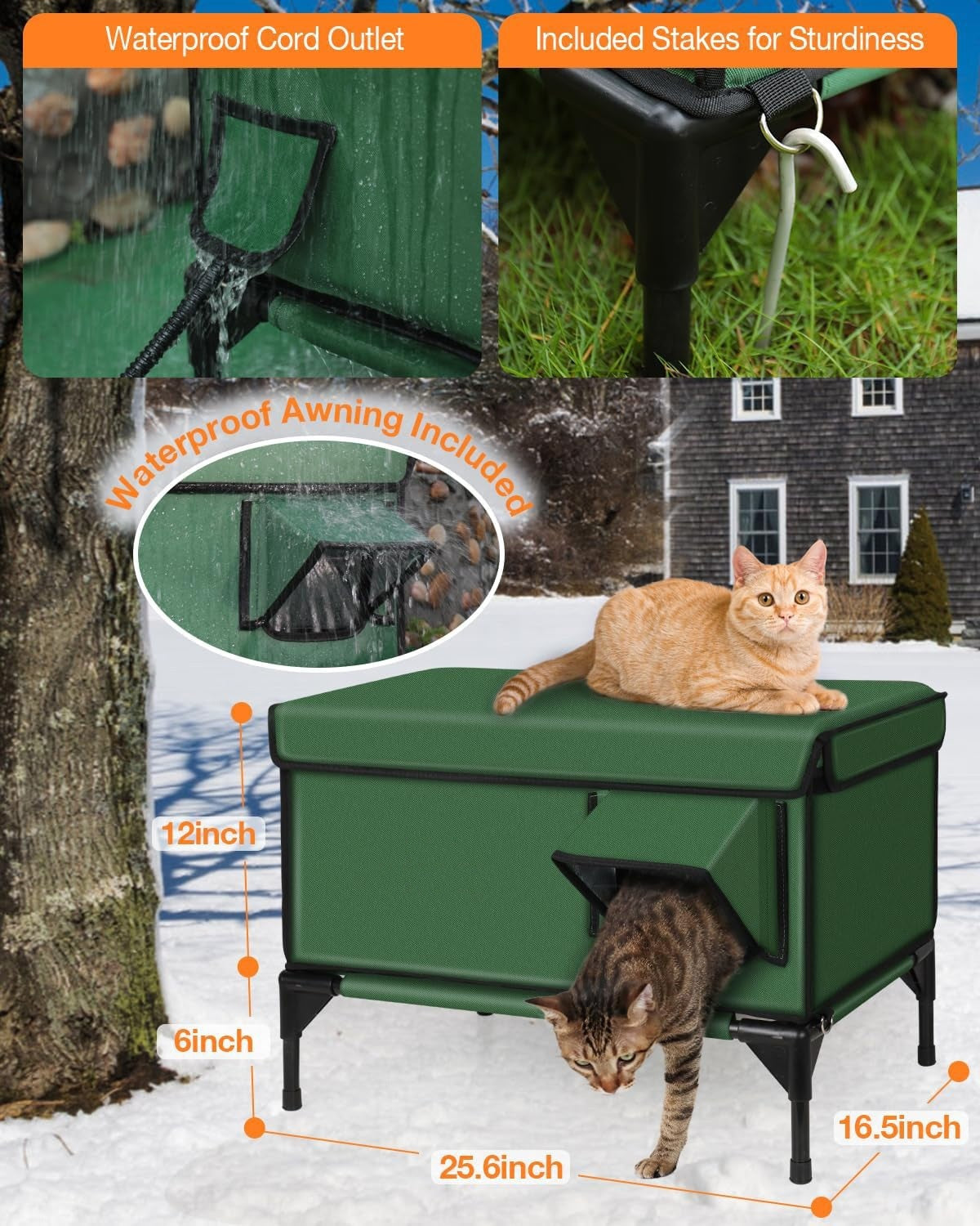 KFX-5308477 Heated Insulated Foldable Cat House - Waterproof, Breathable, All-Season Pet Bed in Green
