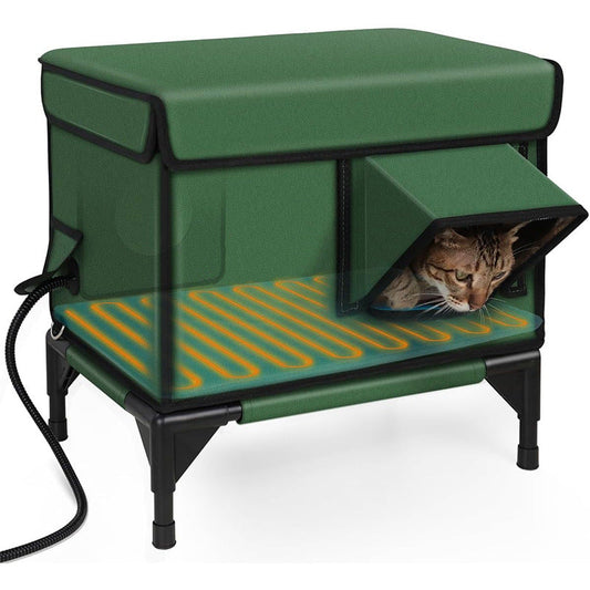 KFX-5308477 Heated Insulated Foldable Cat House - Waterproof, Breathable, All-Season Pet Bed in Green