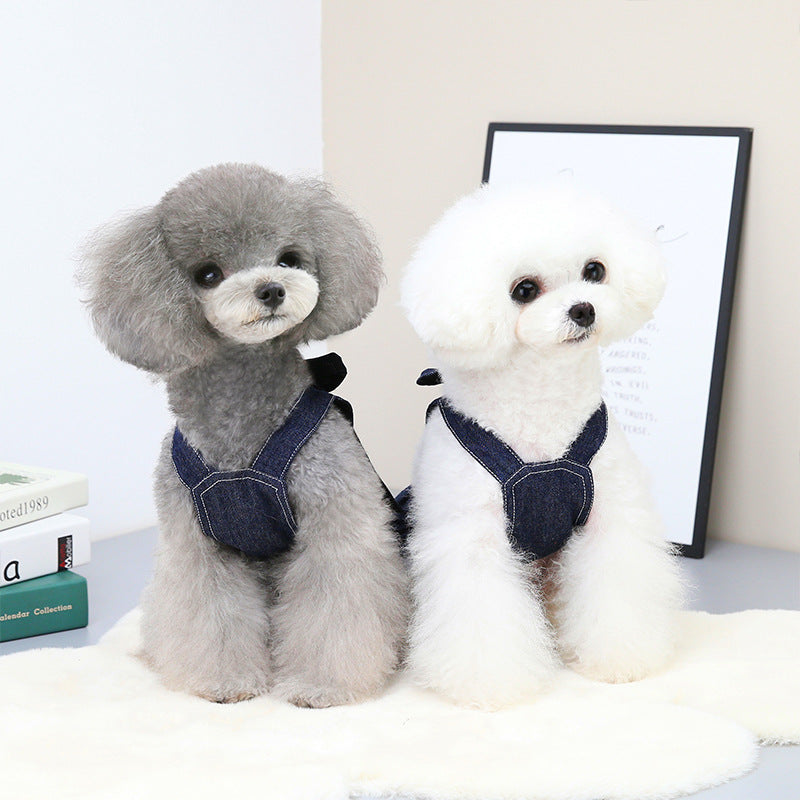 KFX-5319741 Big Bow Tie Pet Clothes in Washed Denim for Spring and Summer - Casual T-shirt and Skirt, Sizes S-XXL