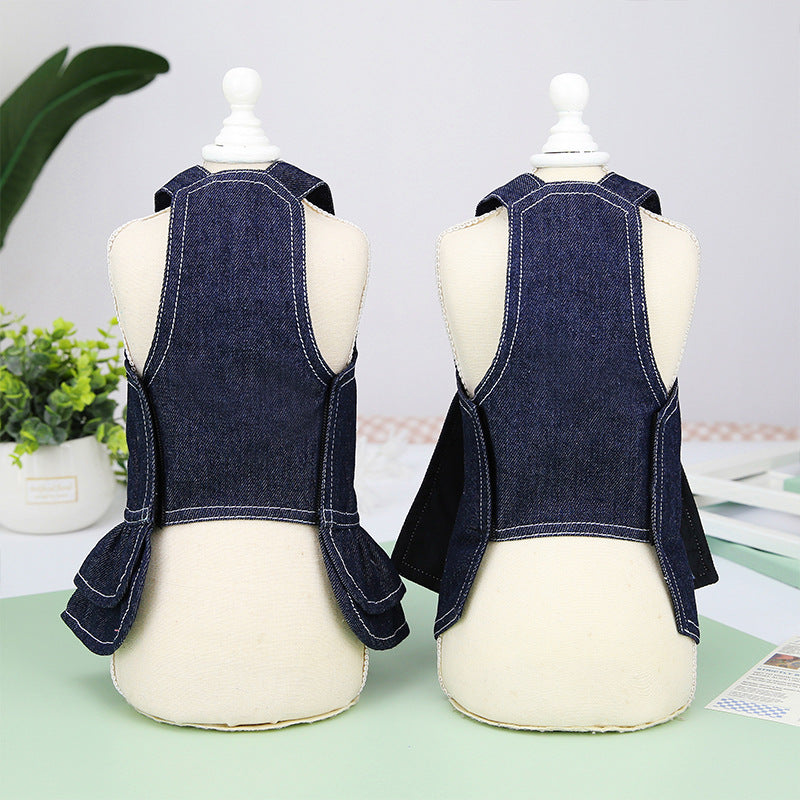 KFX-5319741 Big Bow Tie Pet Clothes in Washed Denim for Spring and Summer - Casual T-shirt and Skirt, Sizes S-XXL