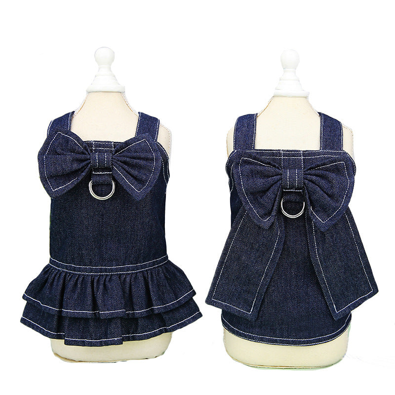 KFX-5319741 Big Bow Tie Pet Clothes in Washed Denim for Spring and Summer - Casual T-shirt and Skirt, Sizes S-XXL
