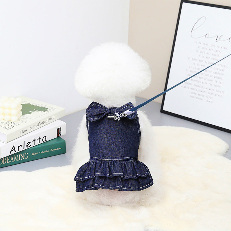 KFX-5319741 Big Bow Tie Pet Clothes in Washed Denim for Spring and Summer - Casual T-shirt and Skirt, Sizes S-XXL