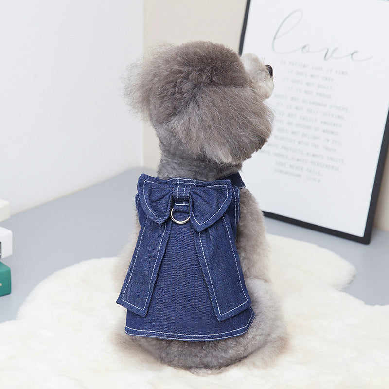 KFX-5319741 Big Bow Tie Pet Clothes in Washed Denim for Spring and Summer - Casual T-shirt and Skirt, Sizes S-XXL