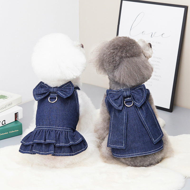 KFX-5319741 Big Bow Tie Pet Clothes in Washed Denim for Spring and Summer - Casual T-shirt and Skirt, Sizes S-XXL