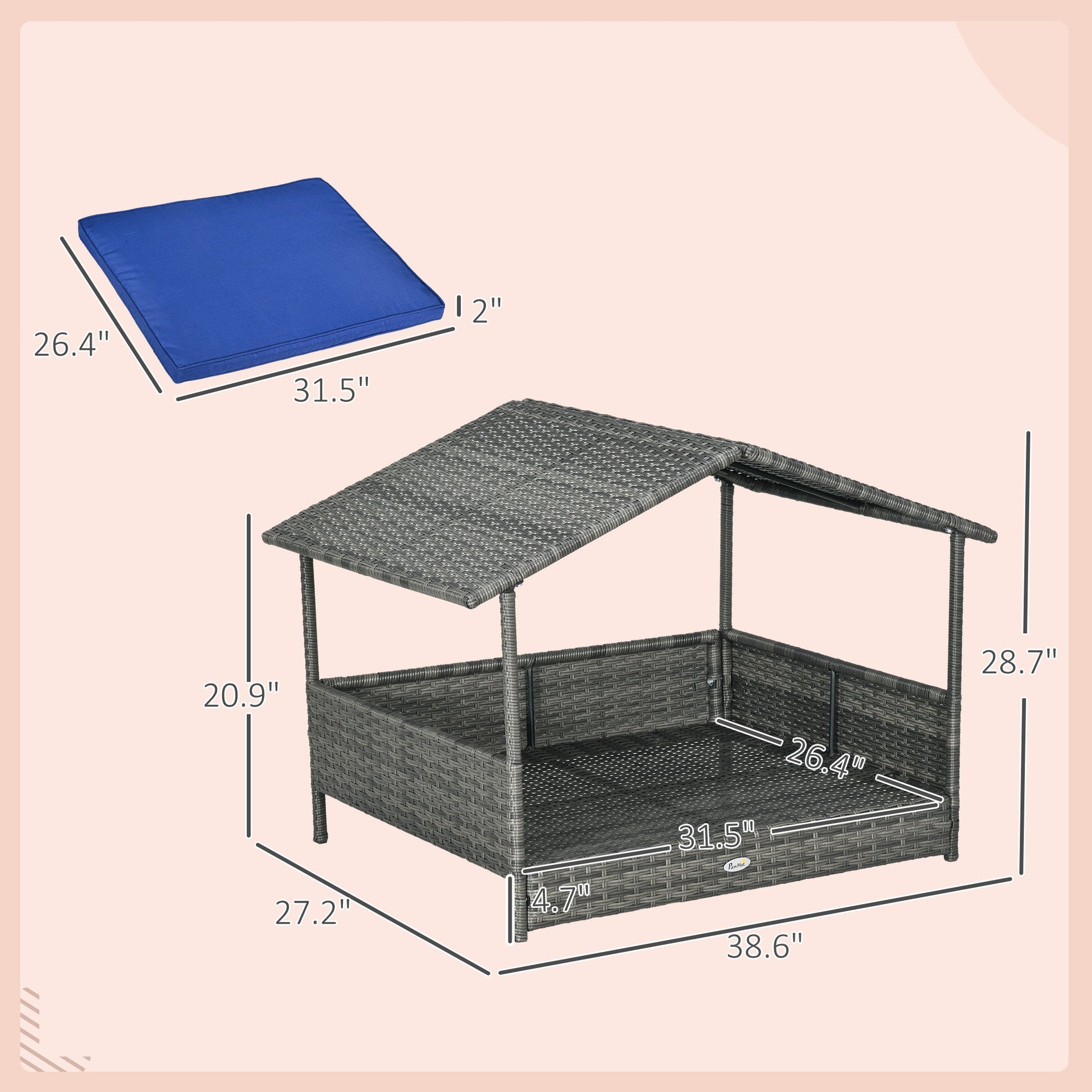 KFX-5323581 Dark Blue Wicker Dog House with Removable Cushion for Small to Medium Dogs