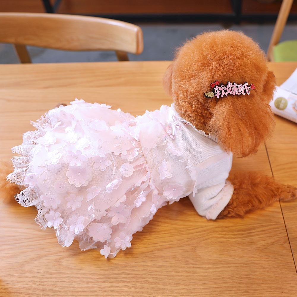 KFX-5334845 Cute Three-Dimensional Lace Dog Skirt for Small Pets - Stylish Polyester Fiber Dress