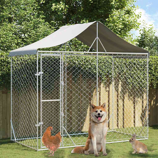 KFX-5335741 Spacious Silver Outdoor Dog Kennel with Roof, Galvanized Steel, 3x1.5x2.5m