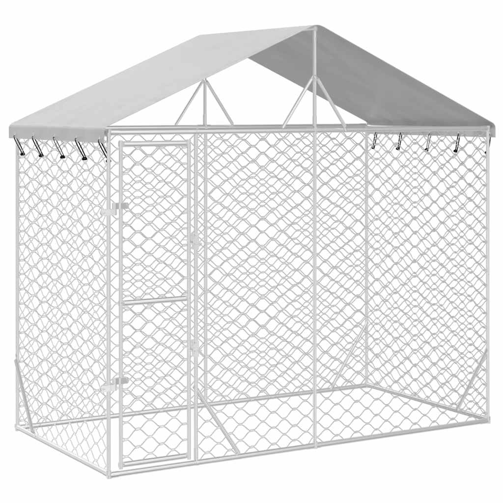 KFX-5335741 Spacious Silver Outdoor Dog Kennel with Roof, Galvanized Steel, 3x1.5x2.5m