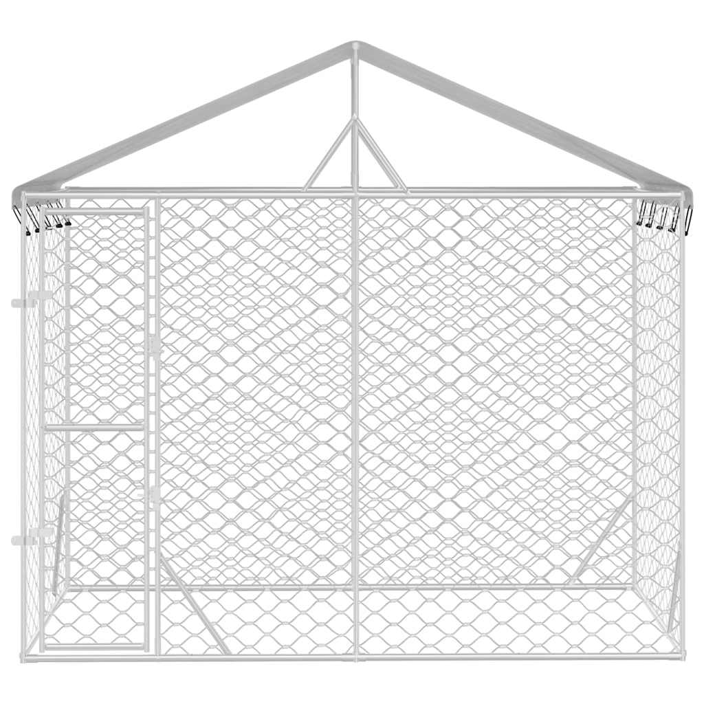 KFX-5335741 Spacious Silver Outdoor Dog Kennel with Roof, Galvanized Steel, 3x1.5x2.5m