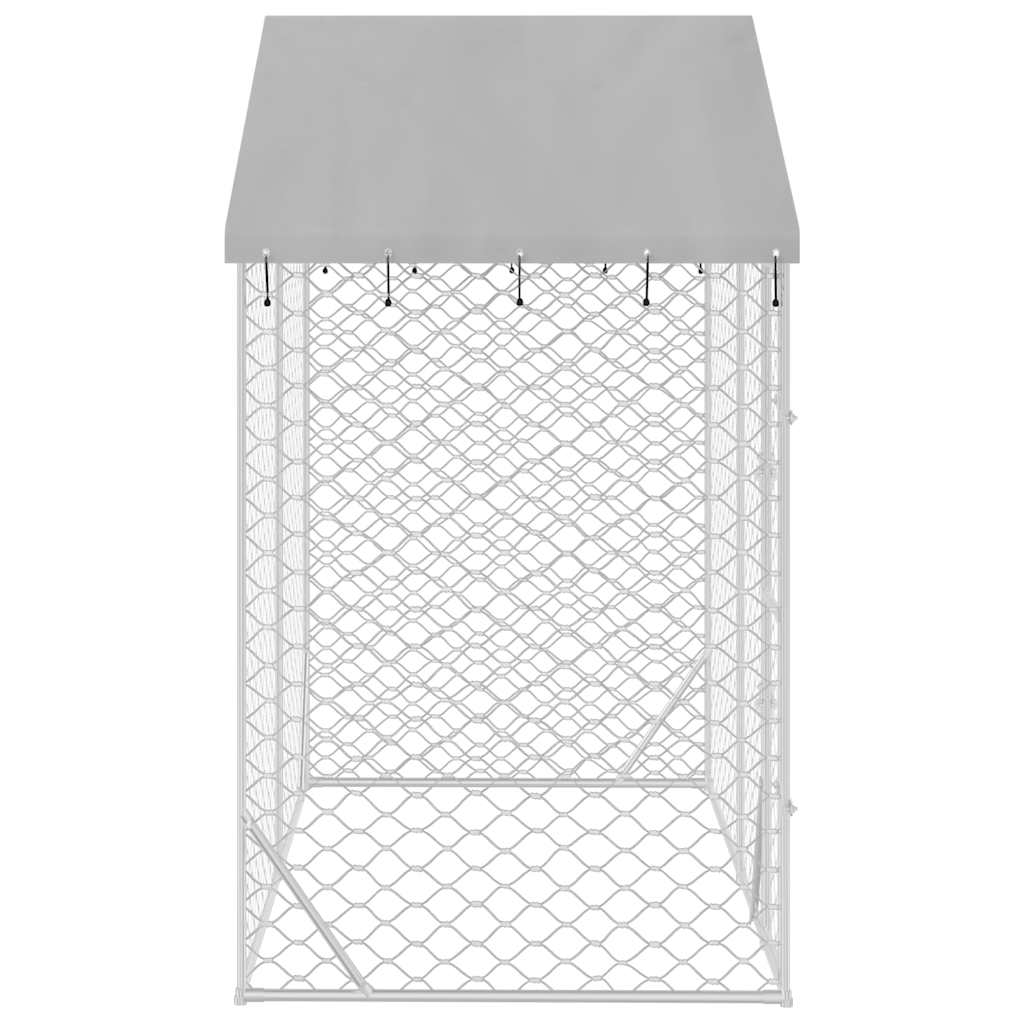 KFX-5335741 Spacious Silver Outdoor Dog Kennel with Roof, Galvanized Steel, 3x1.5x2.5m