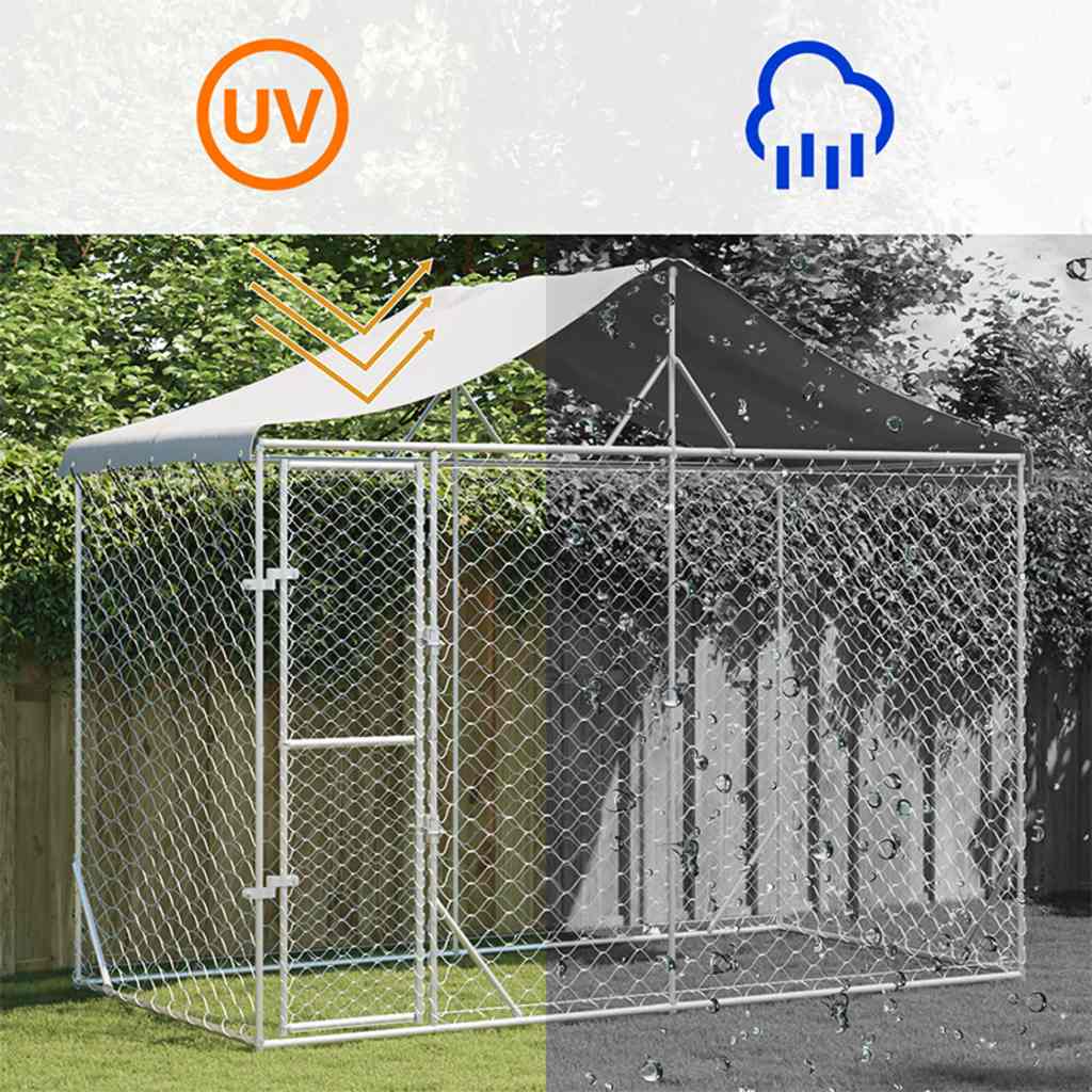 KFX-5335741 Spacious Silver Outdoor Dog Kennel with Roof, Galvanized Steel, 3x1.5x2.5m