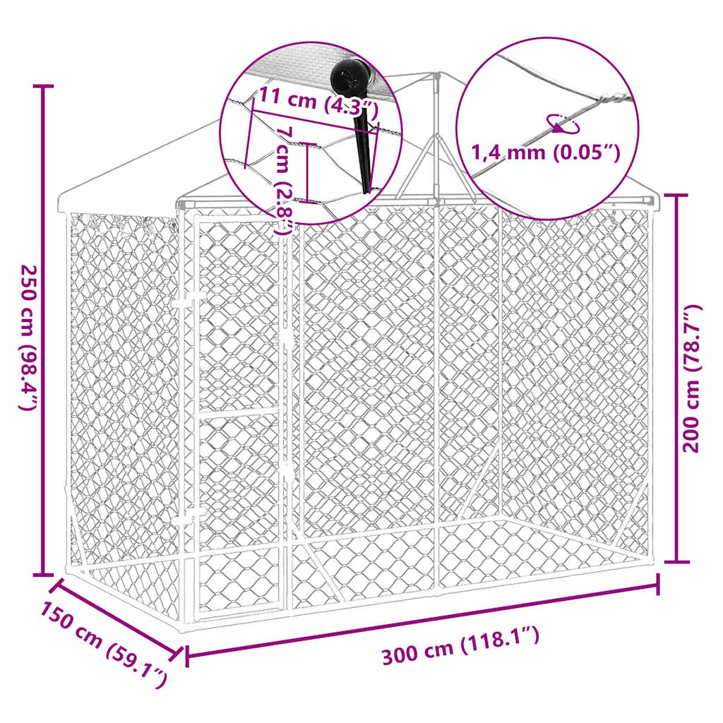 KFX-5335741 Spacious Silver Outdoor Dog Kennel with Roof, Galvanized Steel, 3x1.5x2.5m