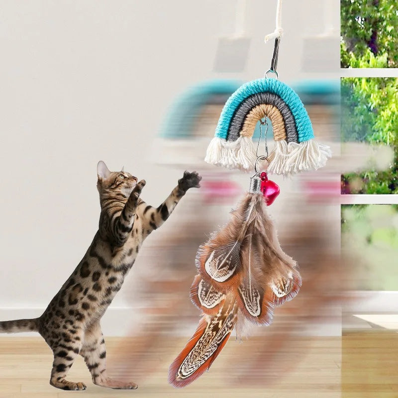 KFX-5337917 Interactive Feather Cat Rope Door Swing with Sticky Buckle Clamp for Engaging Play